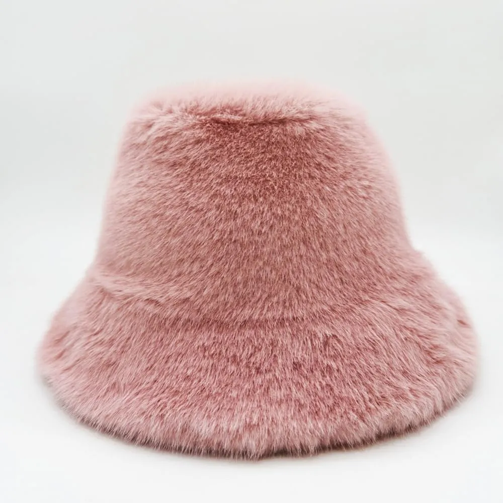 Winter Faux Fur Fuzzy Bucket Hat Fluffy Warm Hat Furry Fisherman Cap for Women