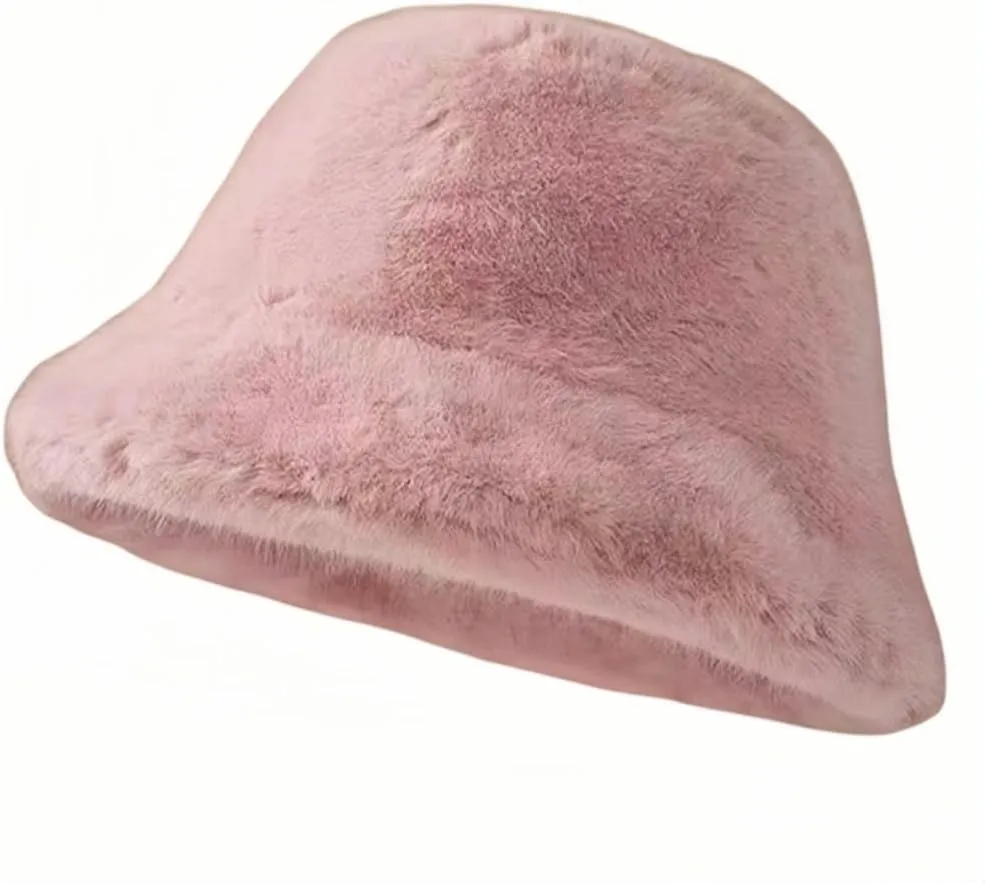 Winter Faux Fur Fuzzy Bucket Hat Fluffy Warm Hat Furry Fisherman Cap for Women