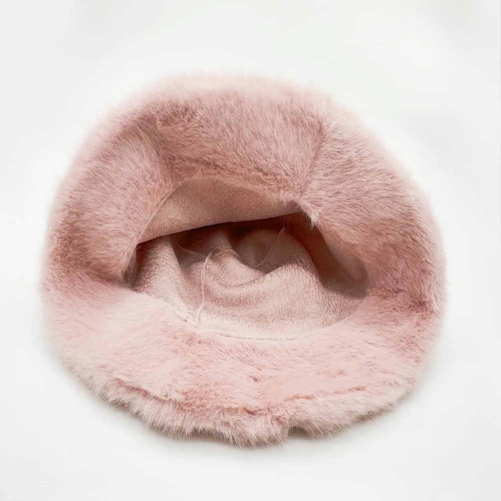 Winter Faux Fur Fuzzy Bucket Hat Fluffy Warm Hat Furry Fisherman Cap for Women
