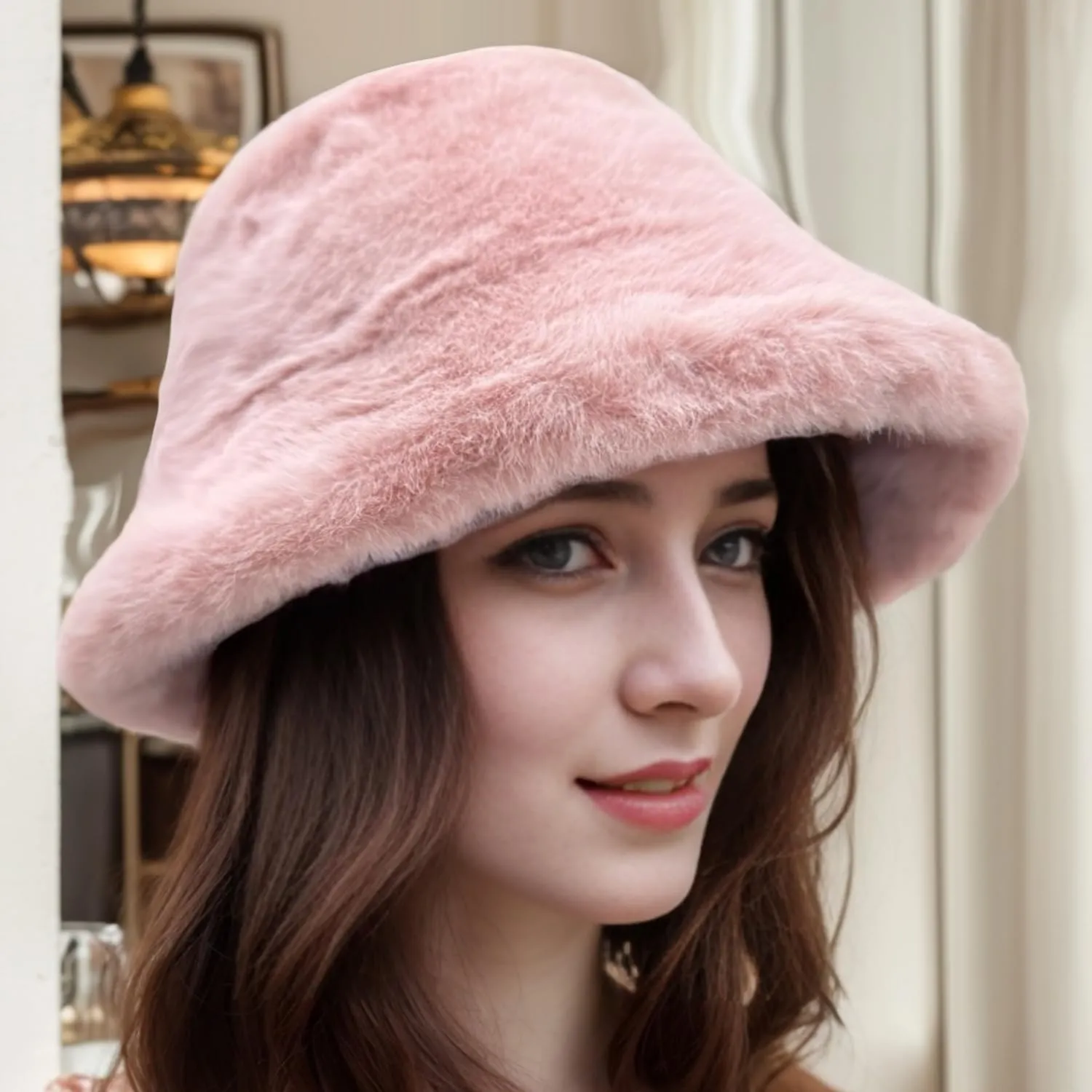 Winter Faux Fur Fuzzy Bucket Hat Fluffy Warm Hat Furry Fisherman Cap for Women