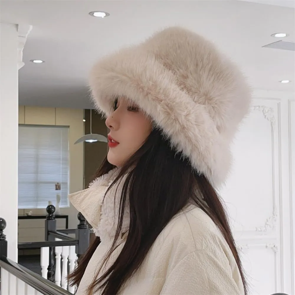 Winter Fluffy Faux Fur Plush Bucket Hat for Women Fuzzy Warm Fisherman Cap Outdoor Thick Winter Hat for Ladies