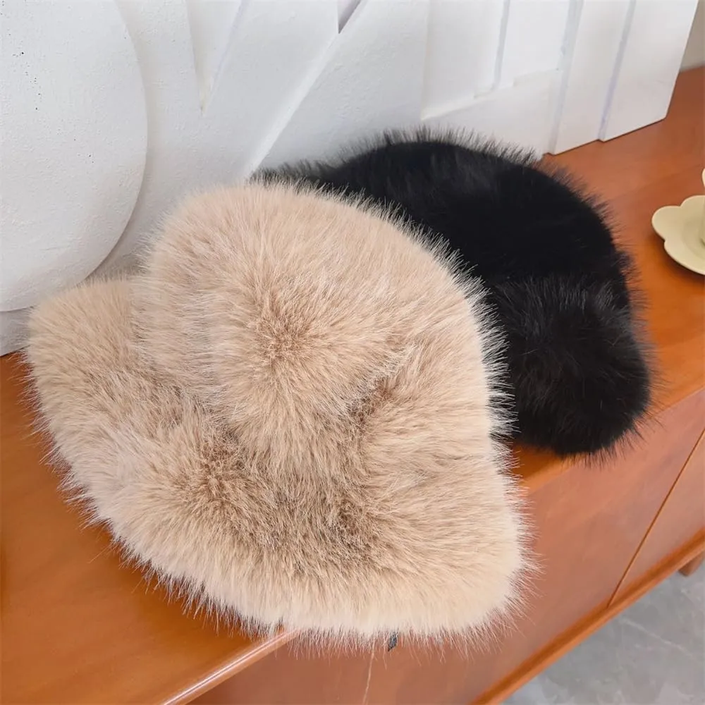 Winter Fluffy Faux Fur Plush Bucket Hat for Women Fuzzy Warm Fisherman Cap Outdoor Thick Winter Hat for Ladies