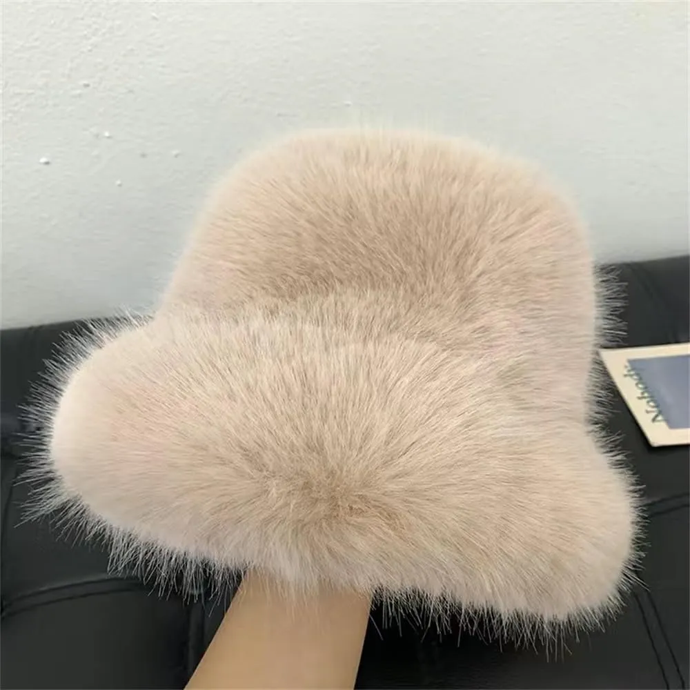 Winter Fluffy Faux Fur Plush Bucket Hat for Women Fuzzy Warm Fisherman Cap Outdoor Thick Winter Hat for Ladies