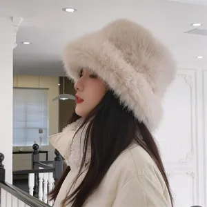 Winter Fluffy Faux Fur Plush Bucket Hat for Women Fuzzy Warm Fisherman Cap Outdoor Thick Winter Hat for Ladies