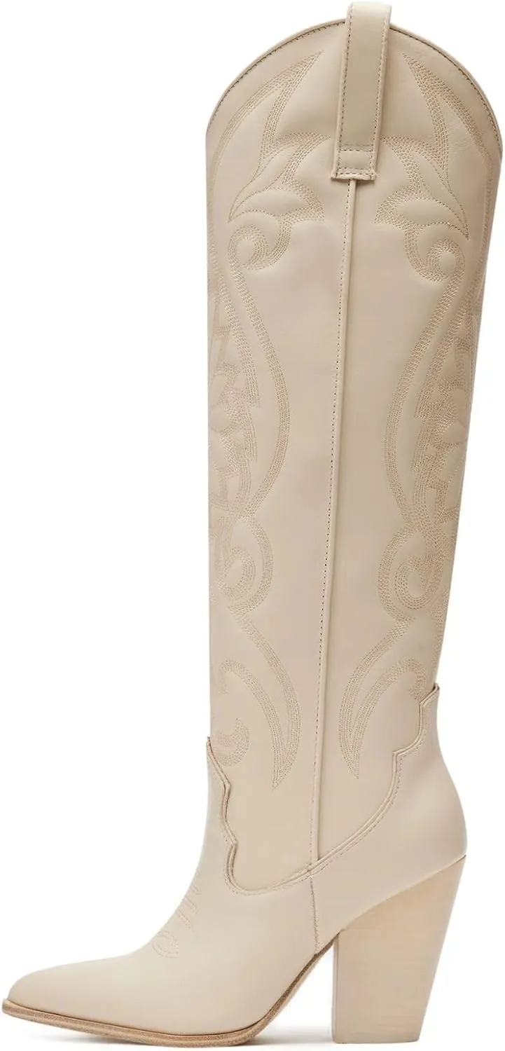 WIRALOMI Women Western Knee High Boots Embroidered Chunky Block Heel Cowboy Boots Pointed Toe Pull on Cowgirl Boots