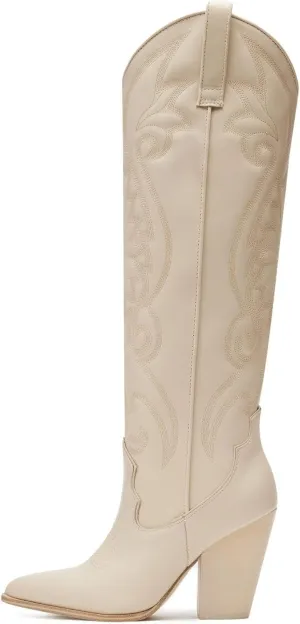 WIRALOMI Women Western Knee High Boots Embroidered Chunky Block Heel Cowboy Boots Pointed Toe Pull on Cowgirl Boots