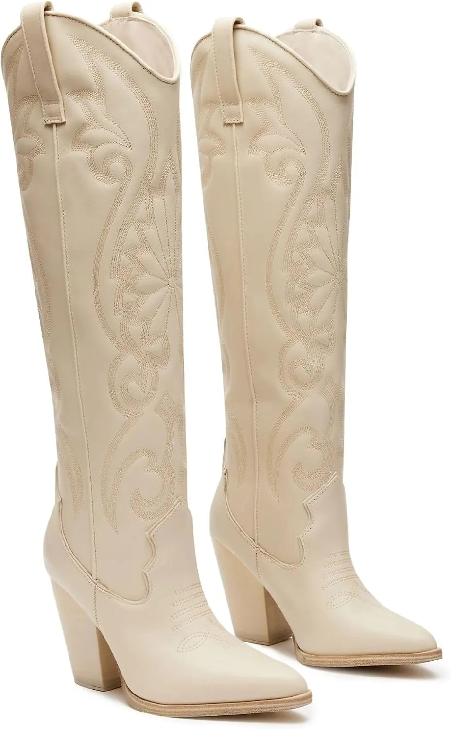 WIRALOMI Women Western Knee High Boots Embroidered Chunky Block Heel Cowboy Boots Pointed Toe Pull on Cowgirl Boots