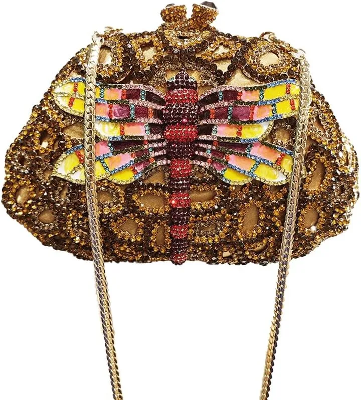 Women Cute Dragonfly Evening Clutch Purse Sparkly Rhinestone Crystal Handbag for Banquet Wedding Party Prom