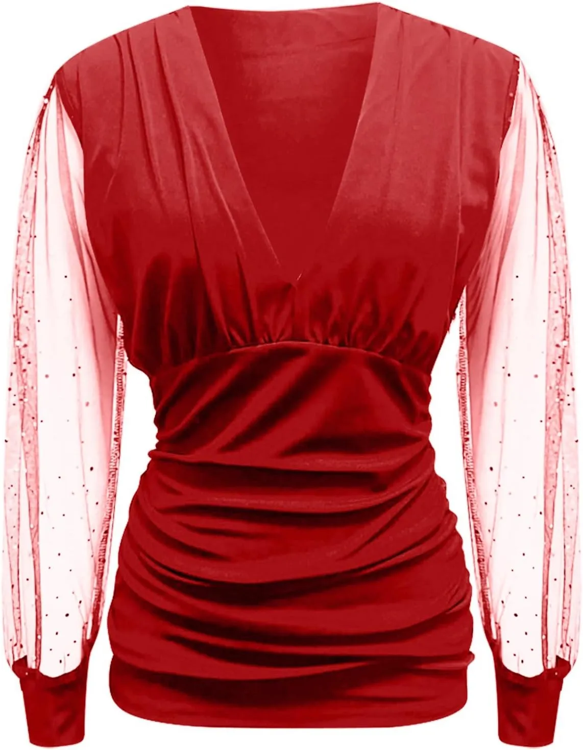 Women Deep V Neck Tops Slim Fit Puff Long Sleeve Elastic Waist Ruched Wrap Low Cut Blouse Shirt Crop Top Soft Tees