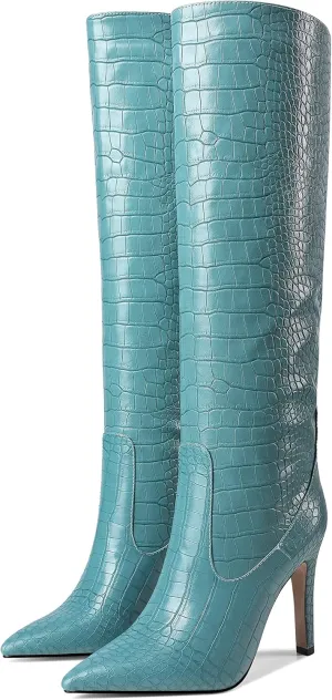 Women Fancy Croc Prints Knee High Boots Pointed Toe Stiletto High Heel Embossed Solid Dress Shoes