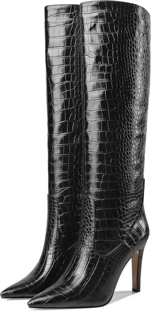 Women Fancy Croc Prints Knee High Boots Pointed Toe Stiletto High Heel Embossed Solid Dress Shoes