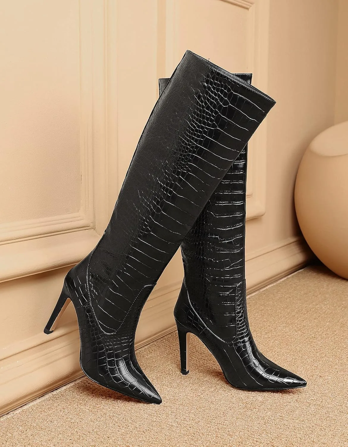 Women Fancy Croc Prints Knee High Boots Pointed Toe Stiletto High Heel Embossed Solid Dress Shoes