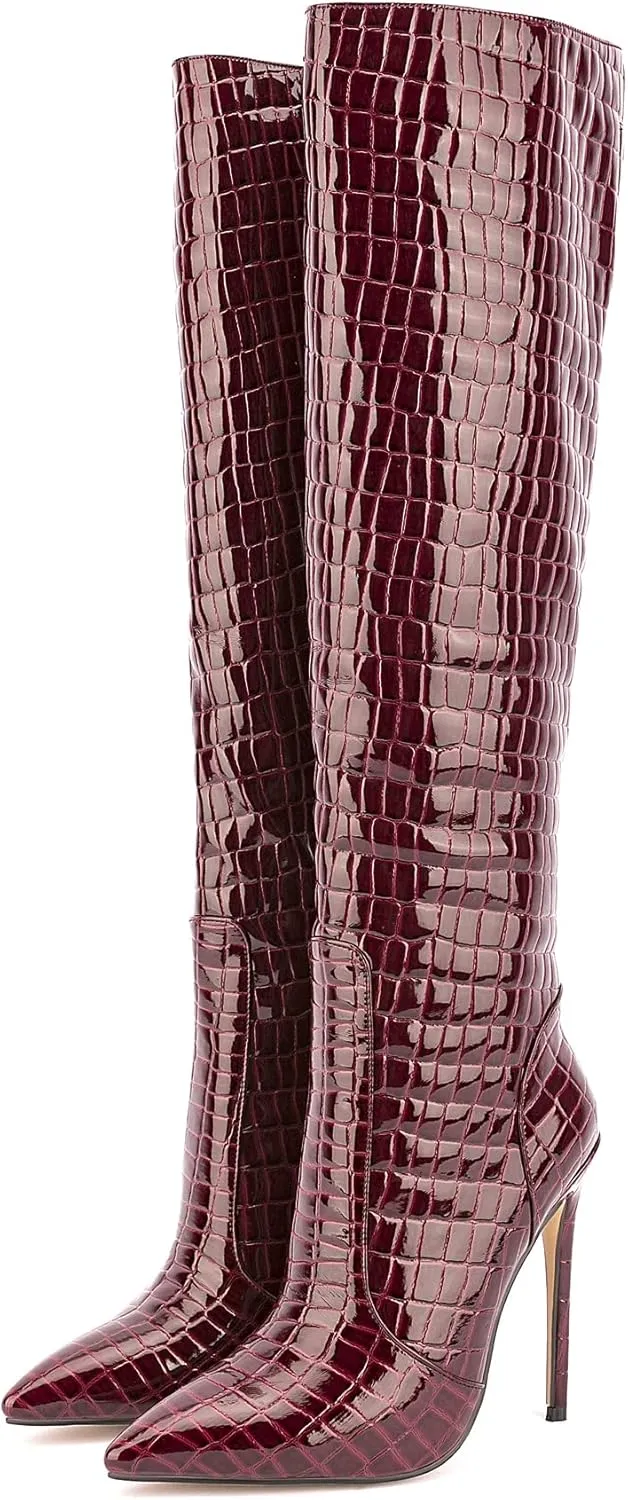 Women Fancy Patent Leather Pointed Toe Embossed Stiletto High Heeled Boots Knee High Side Zipper Boot