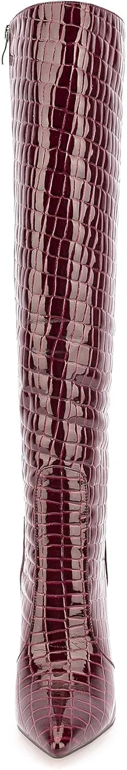 Women Fancy Patent Leather Pointed Toe Embossed Stiletto High Heeled Boots Knee High Side Zipper Boot