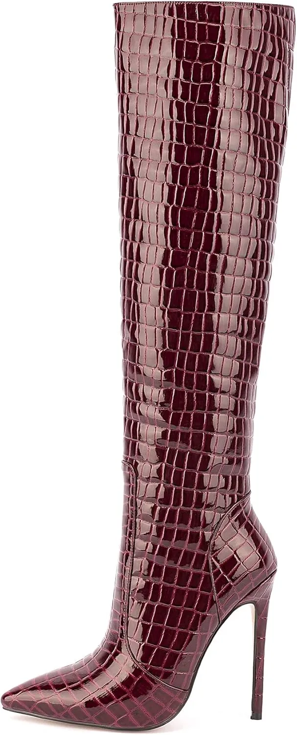 Women Fancy Patent Leather Pointed Toe Embossed Stiletto High Heeled Boots Knee High Side Zipper Boot
