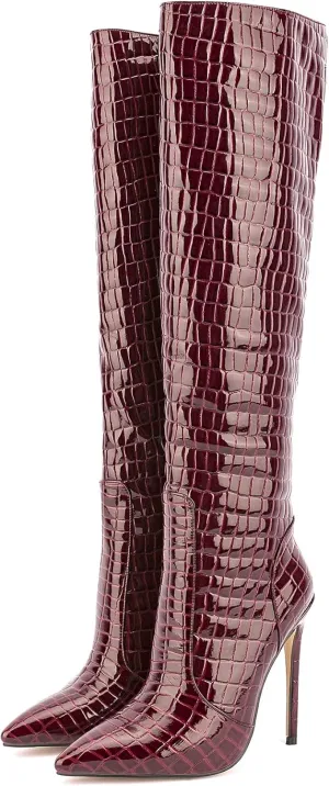 Women Fancy Patent Leather Pointed Toe Embossed Stiletto High Heeled Boots Knee High Side Zipper Boot