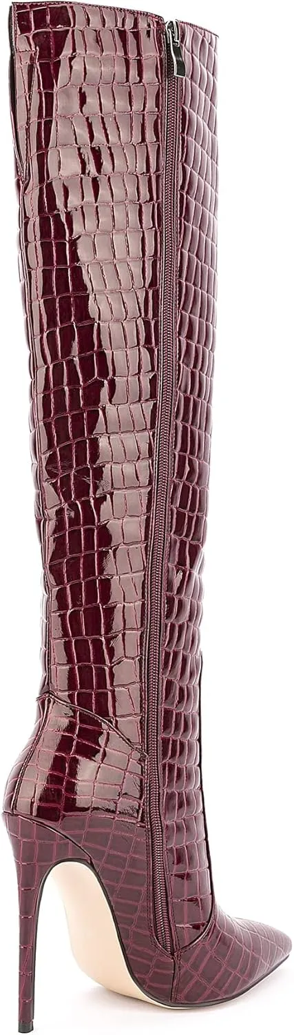 Women Fancy Patent Leather Pointed Toe Embossed Stiletto High Heeled Boots Knee High Side Zipper Boot