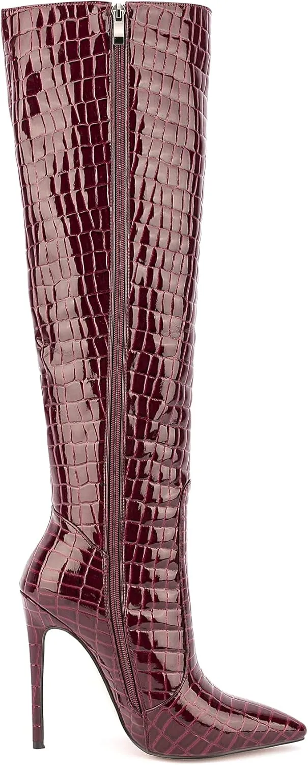 Women Fancy Patent Leather Pointed Toe Embossed Stiletto High Heeled Boots Knee High Side Zipper Boot