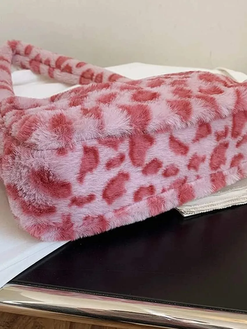 Women Fluffy Faux Fur Cow Print Shoulder Bag Clutch Purse Underarm Handbag Satchel Zipper Tote Bag Purse