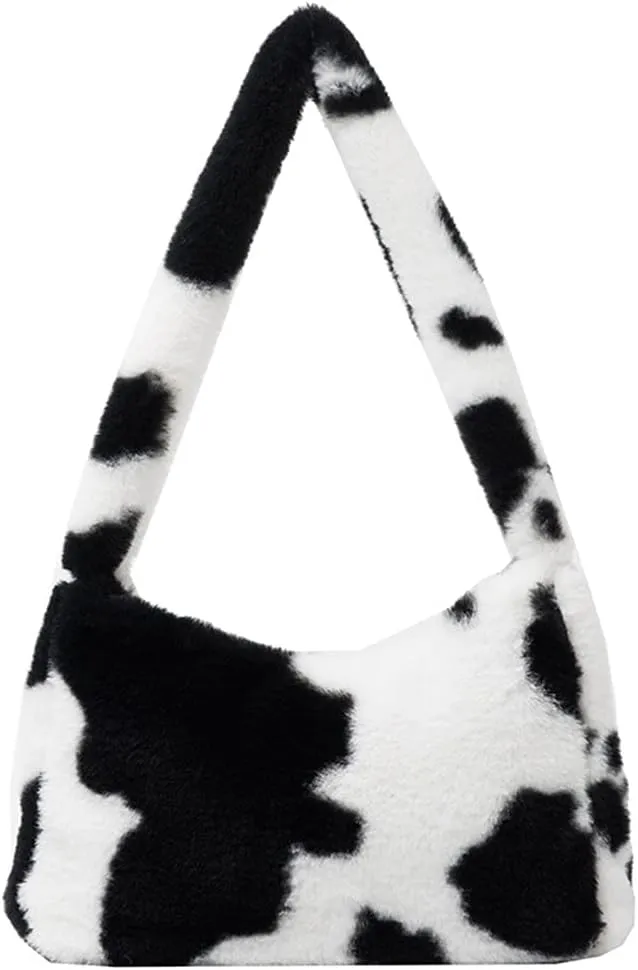 Women Fluffy Faux Fur Cow Print Shoulder Bag Clutch Purse Underarm Handbag Satchel Zipper Tote Bag Purse