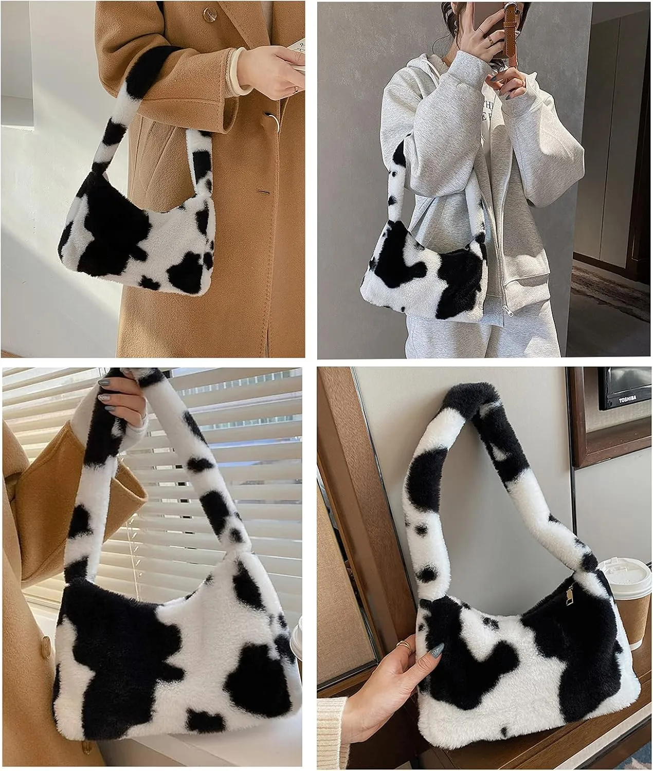 Women Fluffy Faux Fur Cow Print Shoulder Bag Clutch Purse Underarm Handbag Satchel Zipper Tote Bag Purse