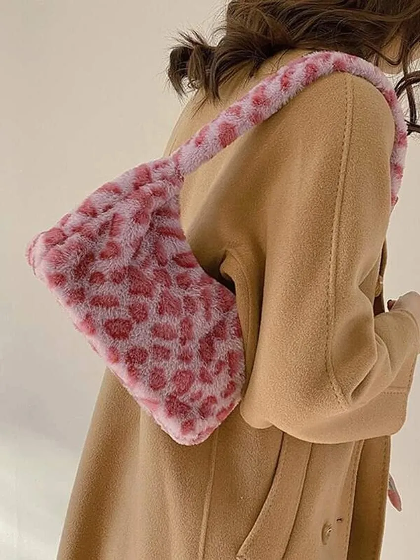 Women Fluffy Faux Fur Cow Print Shoulder Bag Clutch Purse Underarm Handbag Satchel Zipper Tote Bag Purse