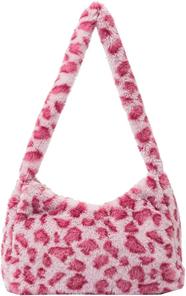 Women Fluffy Faux Fur Cow Print Shoulder Bag Clutch Purse Underarm Handbag Satchel Zipper Tote Bag Purse