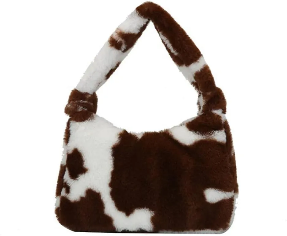 Women Fluffy Faux Fur Cow Print Shoulder Bag Clutch Purse Underarm Handbag Satchel Zipper Tote Bag Purse