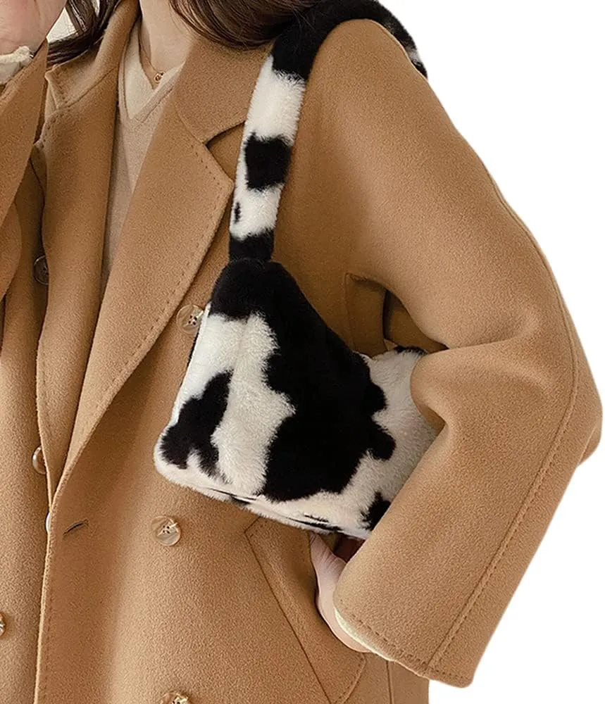 Women Fluffy Faux Fur Cow Print Shoulder Bag Clutch Purse Underarm Handbag Satchel Zipper Tote Bag Purse