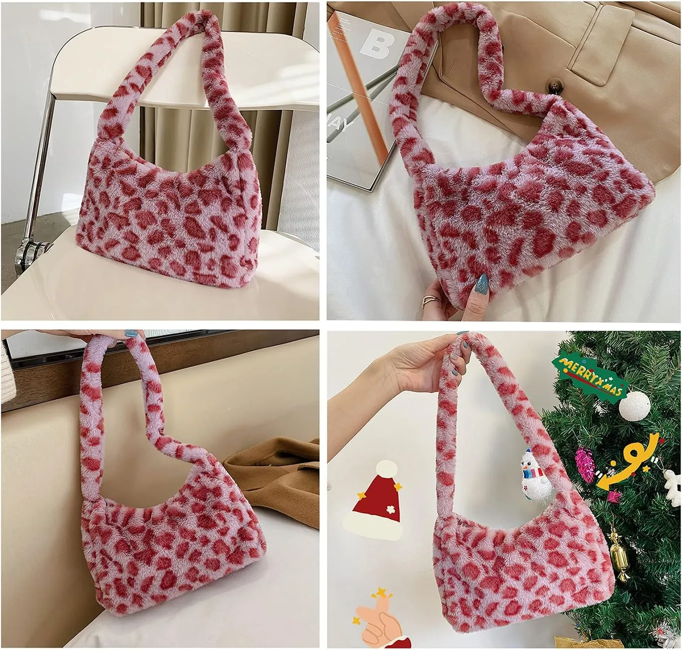 Women Fluffy Faux Fur Cow Print Shoulder Bag Clutch Purse Underarm Handbag Satchel Zipper Tote Bag Purse