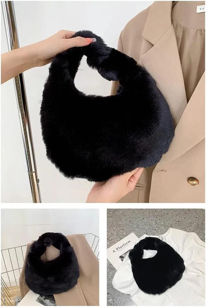 Women Plush Tote Bag Fluffy Underarm Purse Faux Fur Shoulder Handbag Fuzzy Tied Bag Winter Christmas Gifts