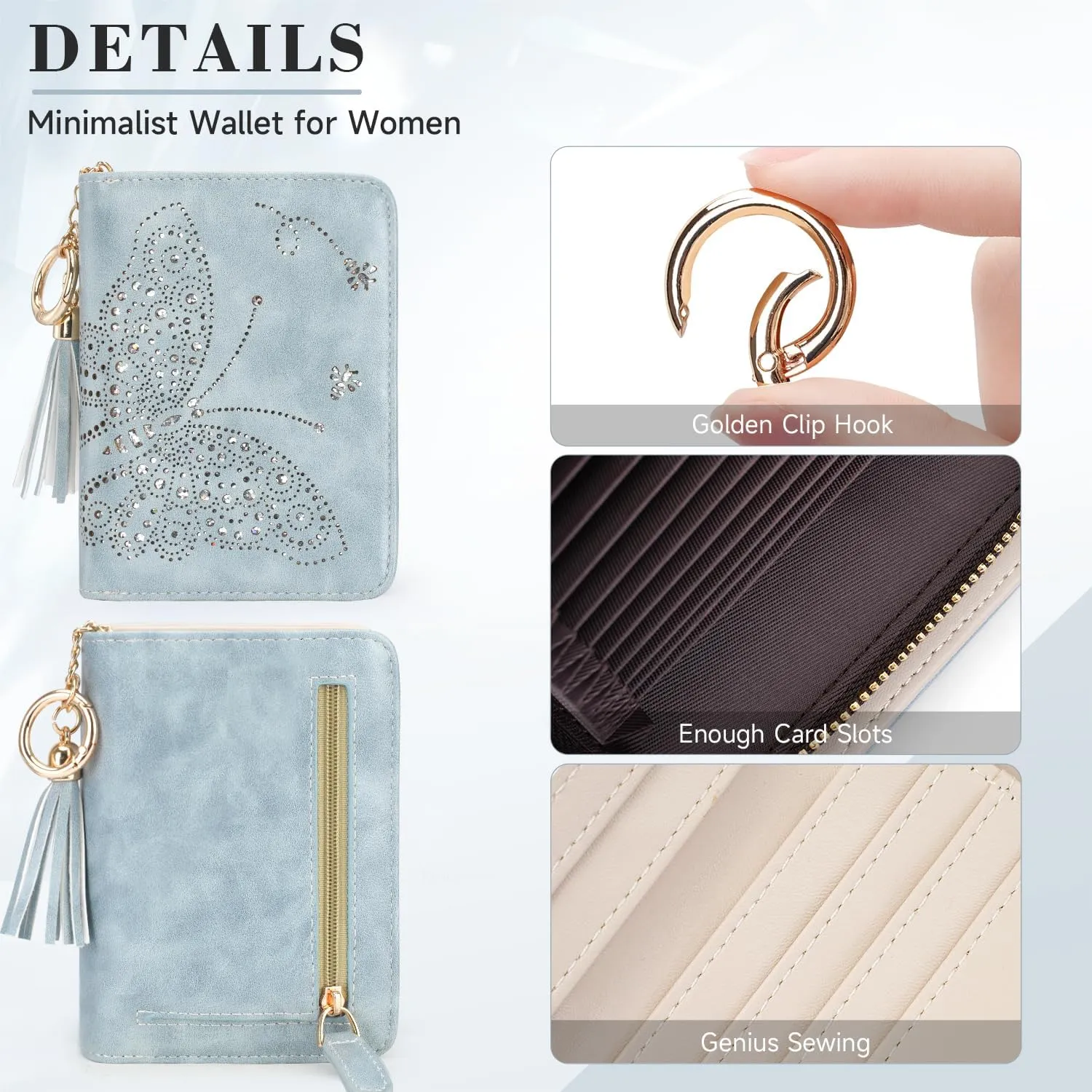 Women RFID Blocking Small Bifold Wallet, Compact Cash Clutch with Zipper Coin Pocket, Glittery Butterfly Design, Credit Card Holder, Travel Purse with Tassel BLUE