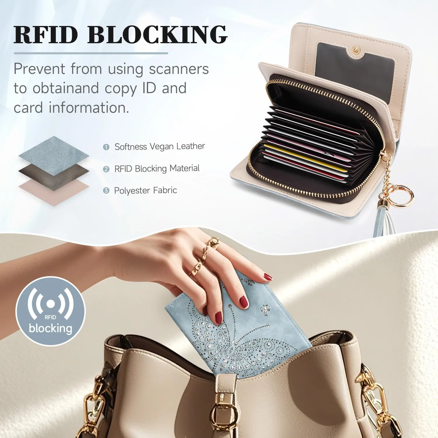 Women RFID Blocking Small Bifold Wallet, Compact Cash Clutch with Zipper Coin Pocket, Glittery Butterfly Design, Credit Card Holder, Travel Purse with Tassel BLUE