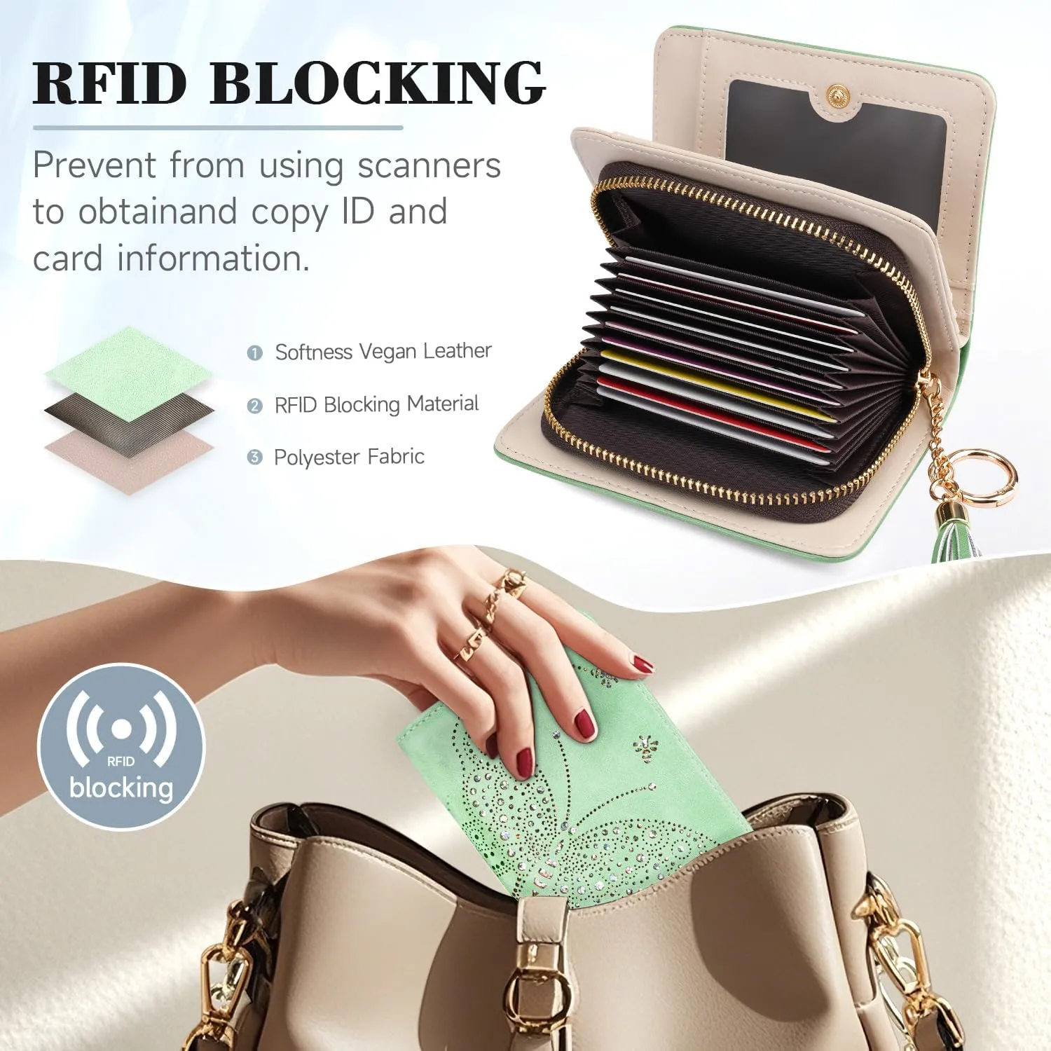 Women RFID Blocking Small Bifold Wallet, Compact Cash Clutch with Zipper Coin Pocket, Glittery Butterfly Design, Credit Card Holder, Travel Purse with Tassel PEPPERMINT-GREEN