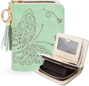 Women RFID Blocking Small Bifold Wallet, Compact Cash Clutch with Zipper Coin Pocket, Glittery Butterfly Design, Credit Card Holder, Travel Purse with Tassel PEPPERMINT-GREEN