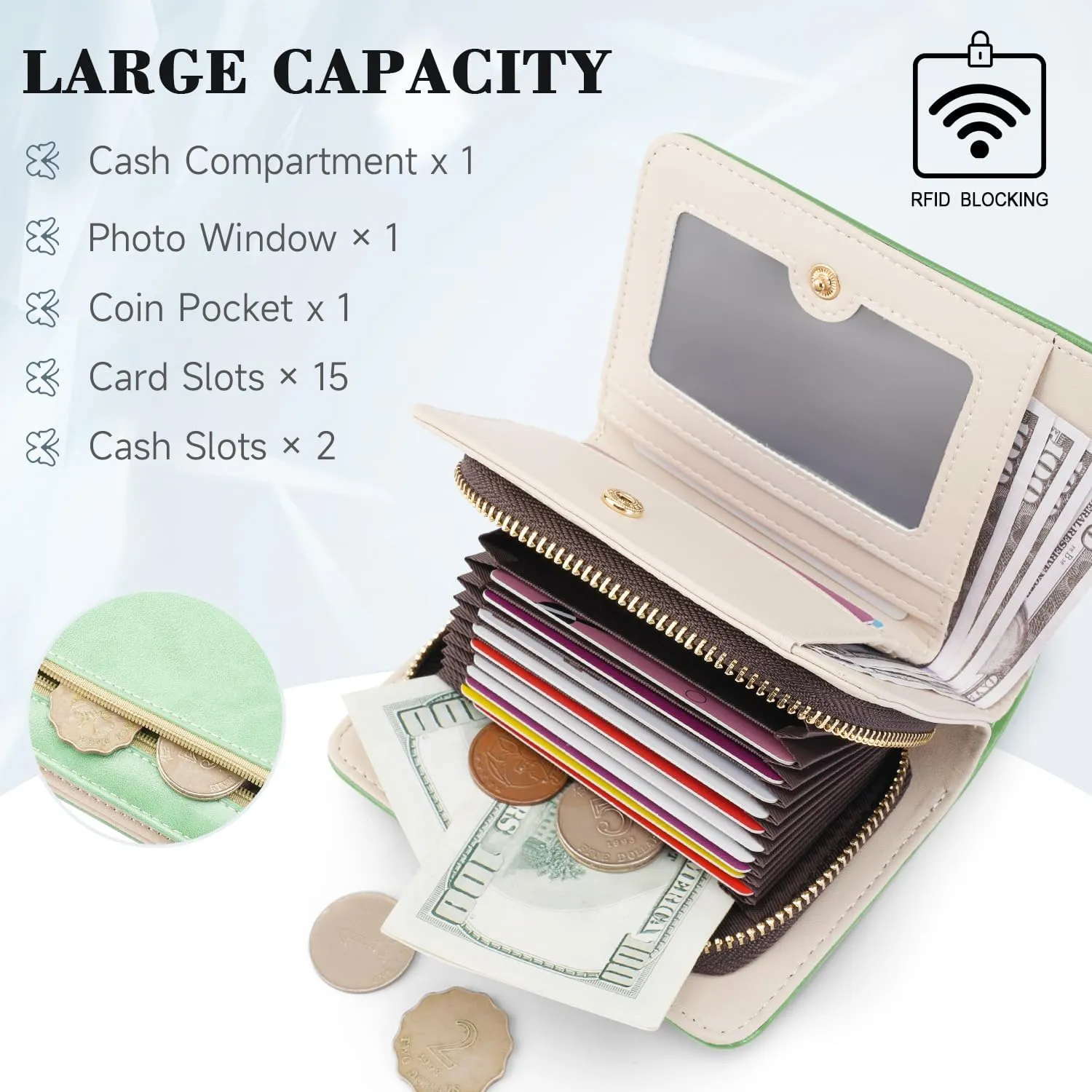 Women RFID Blocking Small Bifold Wallet, Compact Cash Clutch with Zipper Coin Pocket, Glittery Butterfly Design, Credit Card Holder, Travel Purse with Tassel PEPPERMINT-GREEN