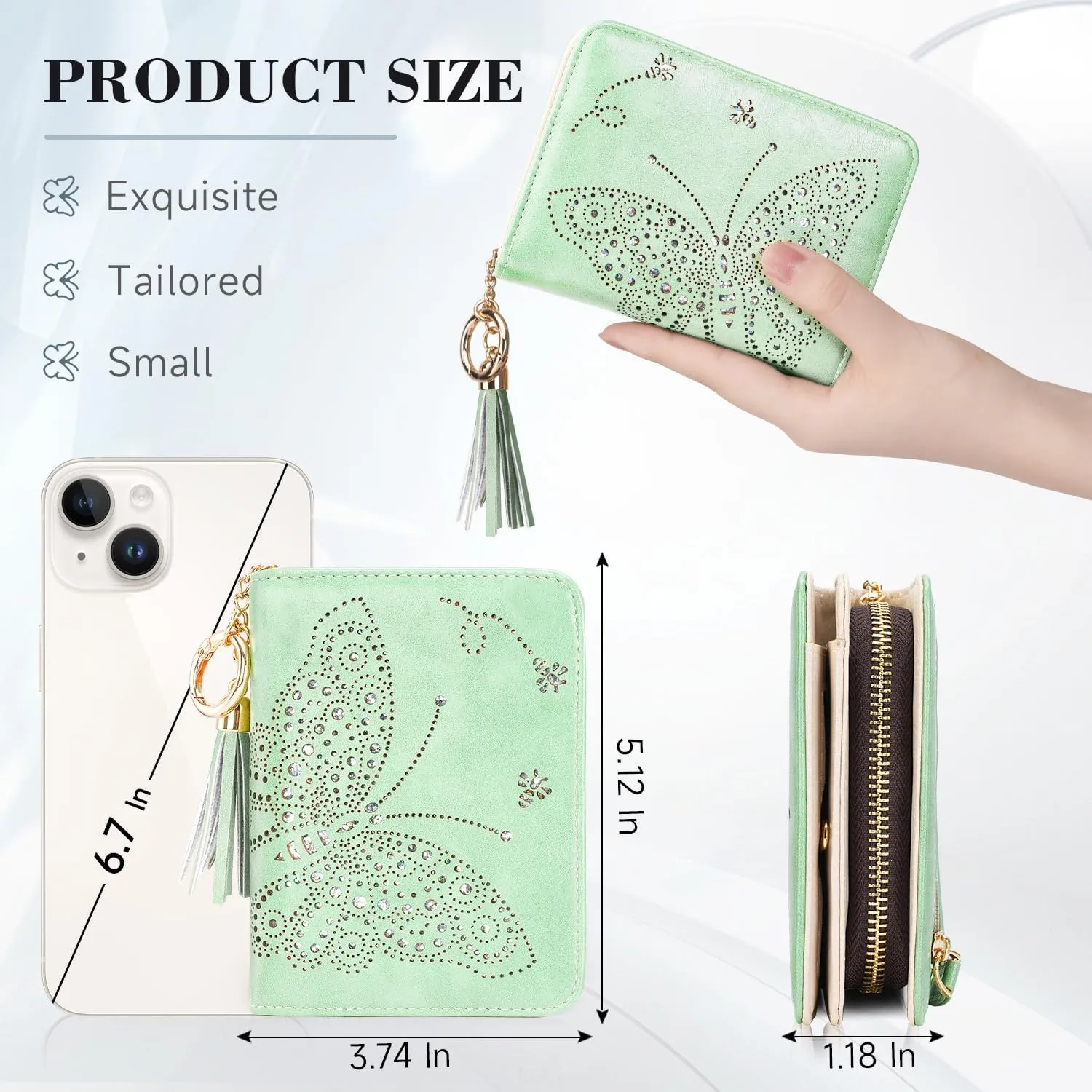 Women RFID Blocking Small Bifold Wallet, Compact Cash Clutch with Zipper Coin Pocket, Glittery Butterfly Design, Credit Card Holder, Travel Purse with Tassel PEPPERMINT-GREEN