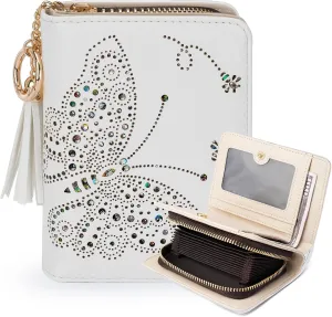 Women RFID Blocking Small Bifold Wallet, Compact Cash Clutch with Zipper Coin Pocket, Glittery Butterfly Design, Credit Card Holder, Travel Purse with Tassel WHITE