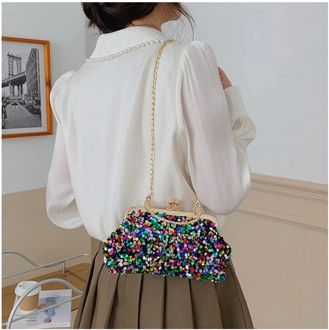 Women Sequins Evening Handbag Glitter Top Handle Purse Chain Cross-body Bag