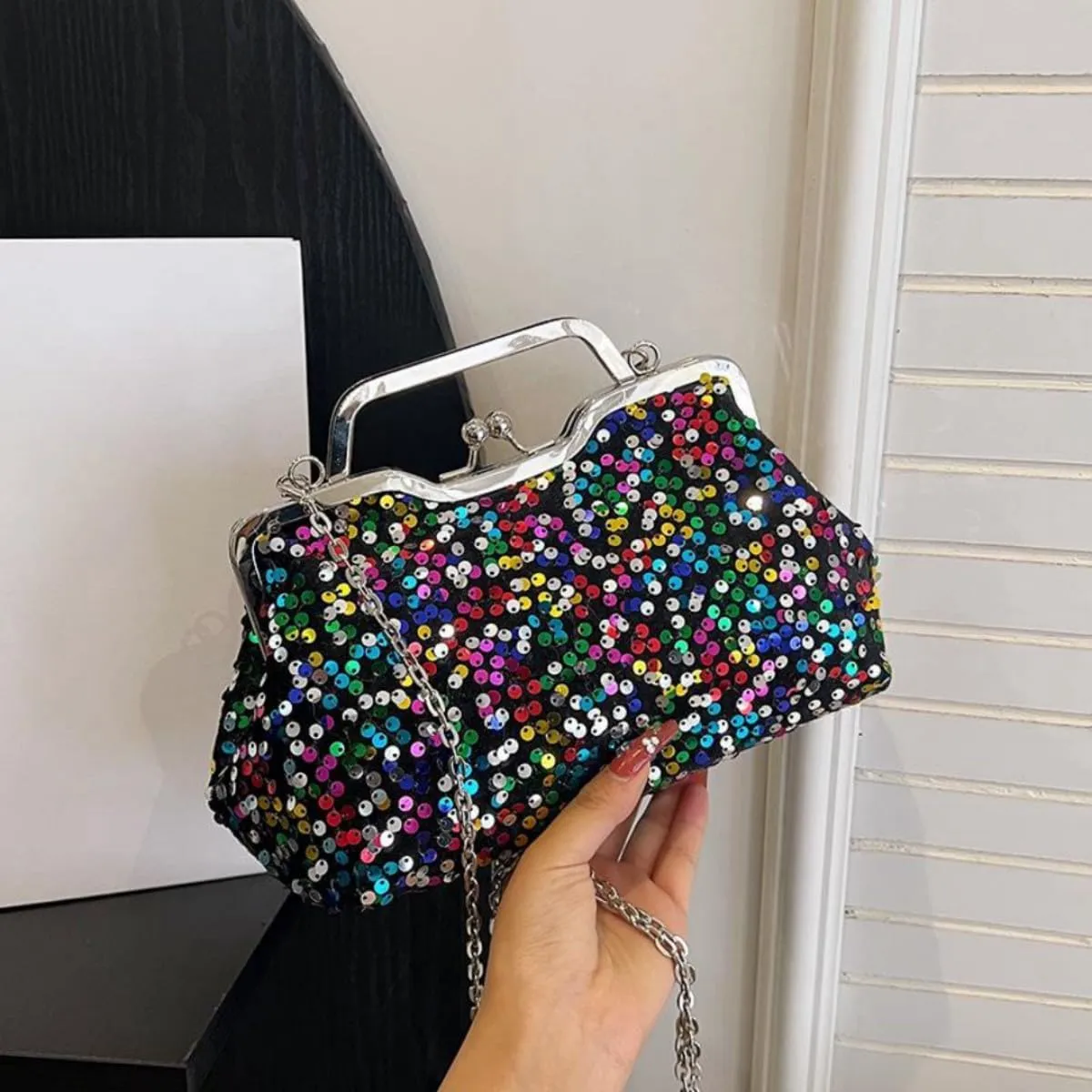 Women Sequins Evening Handbag Glitter Top Handle Purse Chain Cross-body Bag