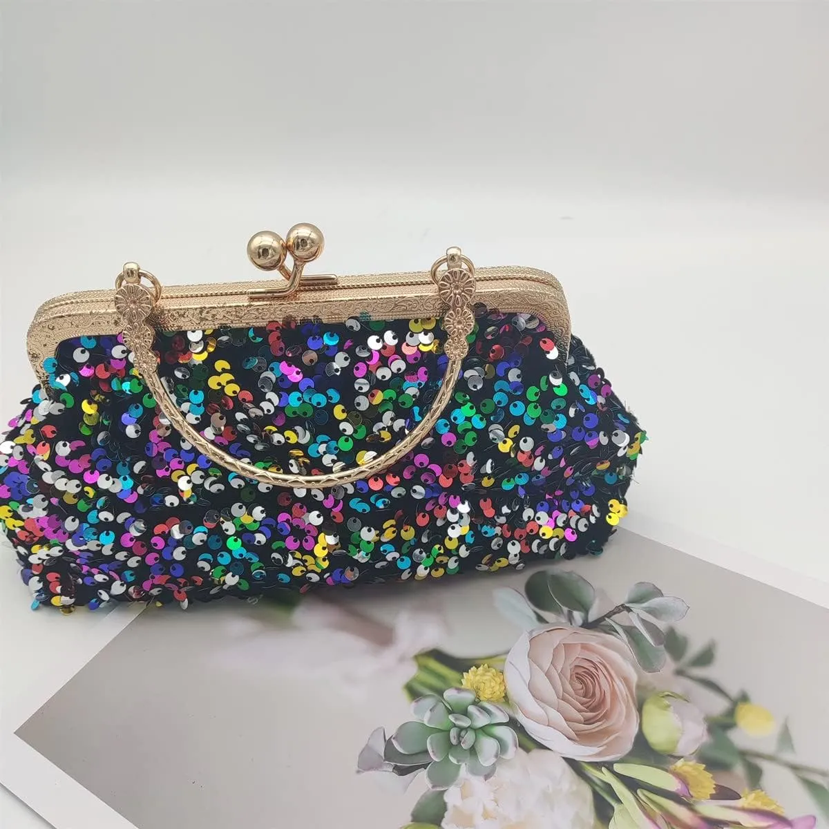 Women Sequins Evening Handbag Glitter Top Handle Purse Chain Cross-body Bag