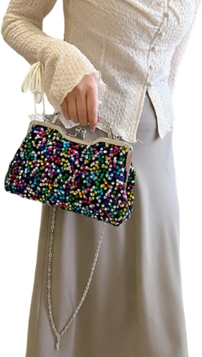 Women Sequins Evening Handbag Glitter Top Handle Purse Chain Cross-body Bag