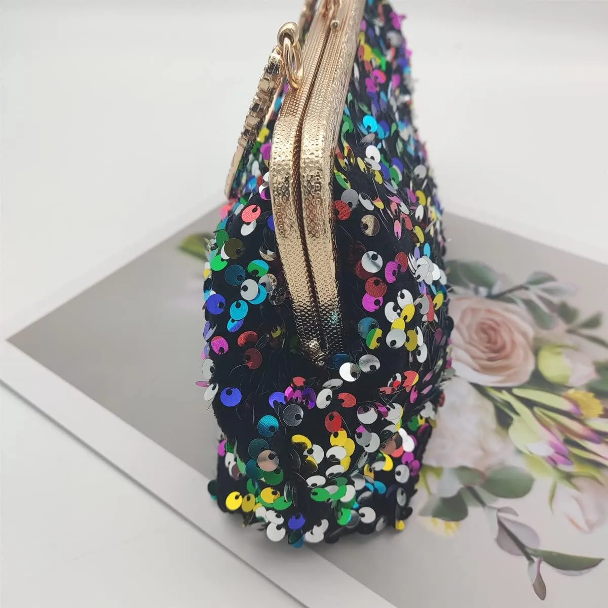 Women Sequins Evening Handbag Glitter Top Handle Purse Chain Cross-body Bag