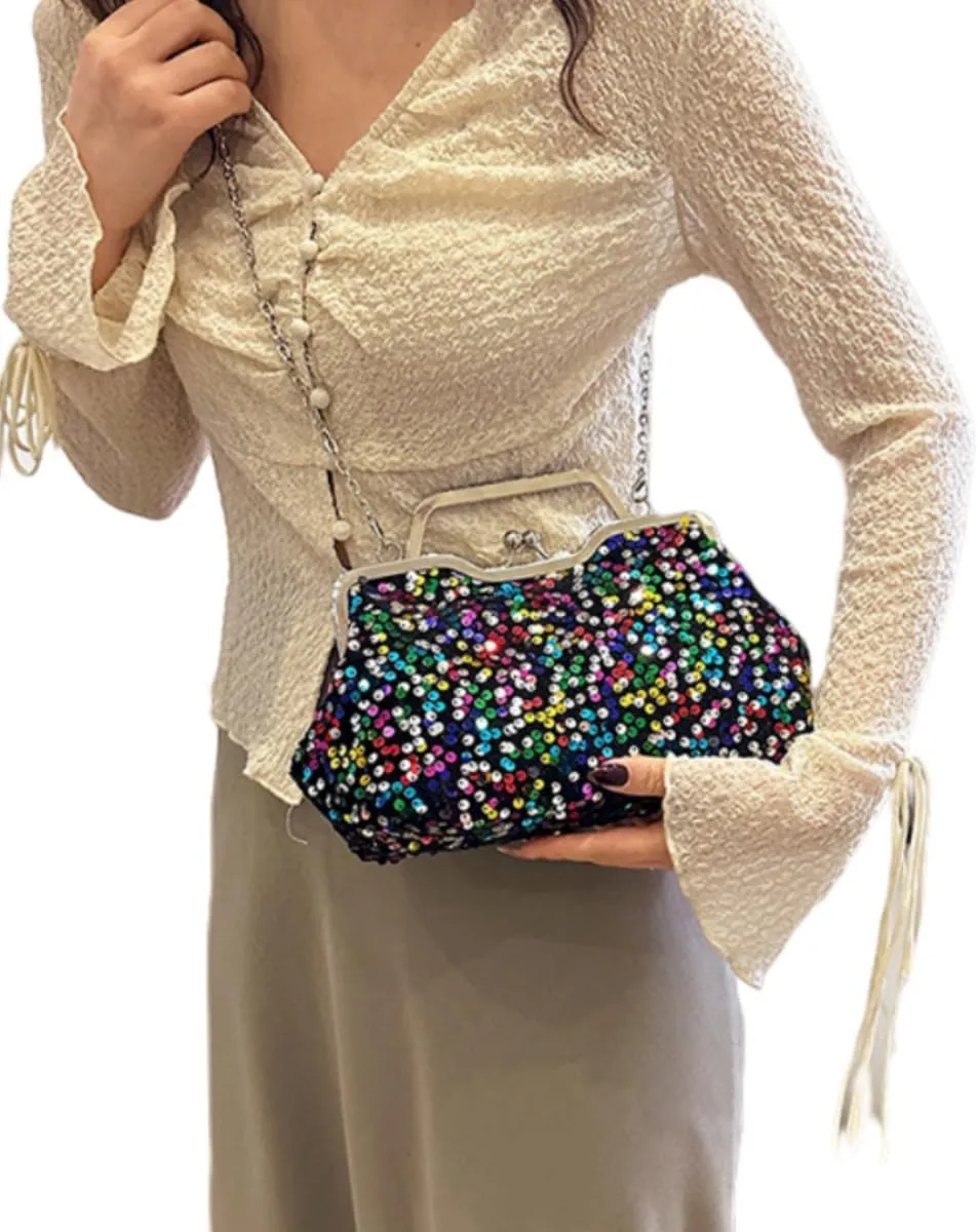 Women Sequins Evening Handbag Glitter Top Handle Purse Chain Cross-body Bag