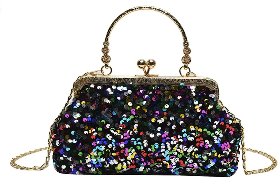 Women Sequins Evening Handbag Glitter Top Handle Purse Chain Cross-body Bag
