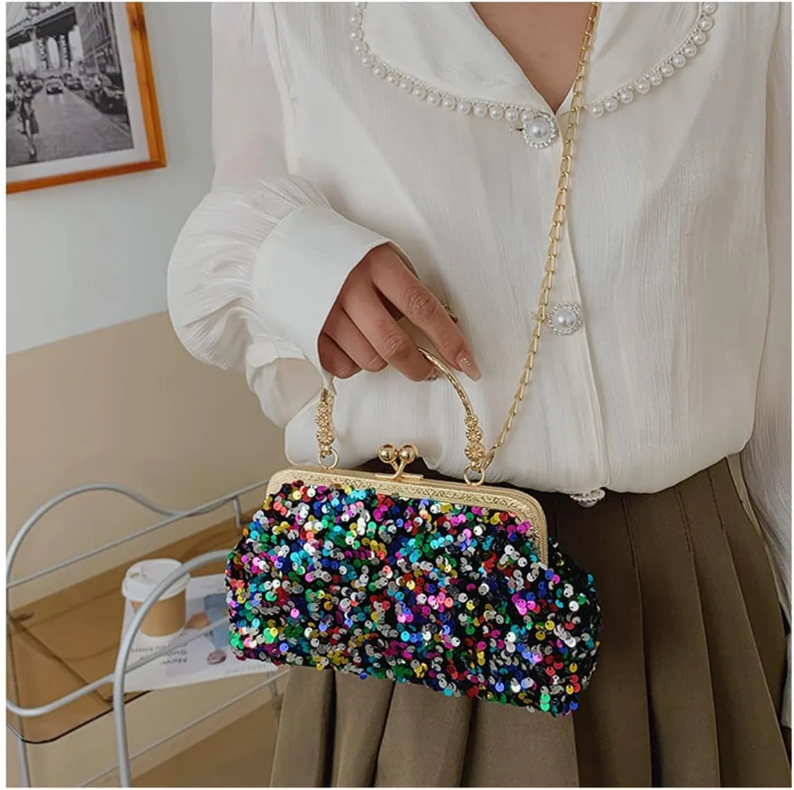 Women Sequins Evening Handbag Glitter Top Handle Purse Chain Cross-body Bag