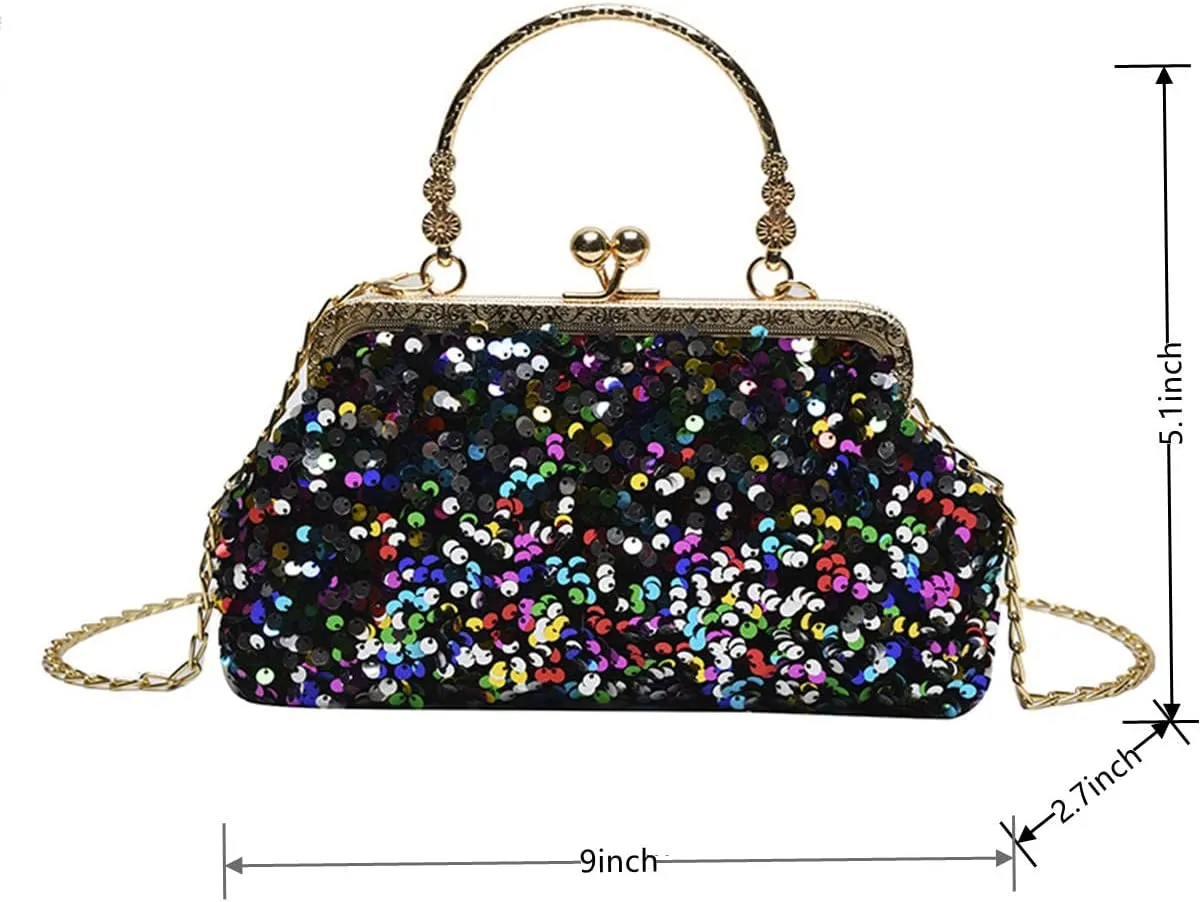 Women Sequins Evening Handbag Glitter Top Handle Purse Chain Cross-body Bag