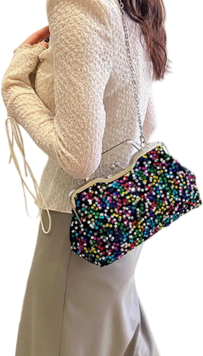 Women Sequins Evening Handbag Glitter Top Handle Purse Chain Cross-body Bag