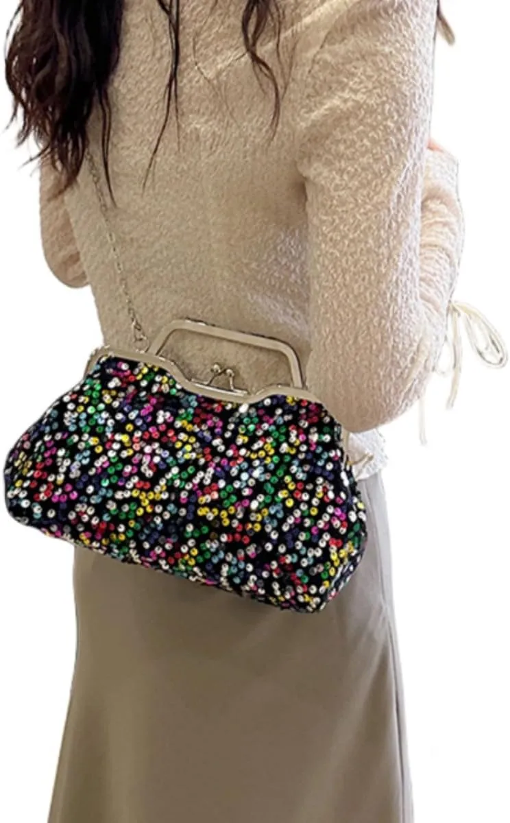 Women Sequins Evening Handbag Glitter Top Handle Purse Chain Cross-body Bag