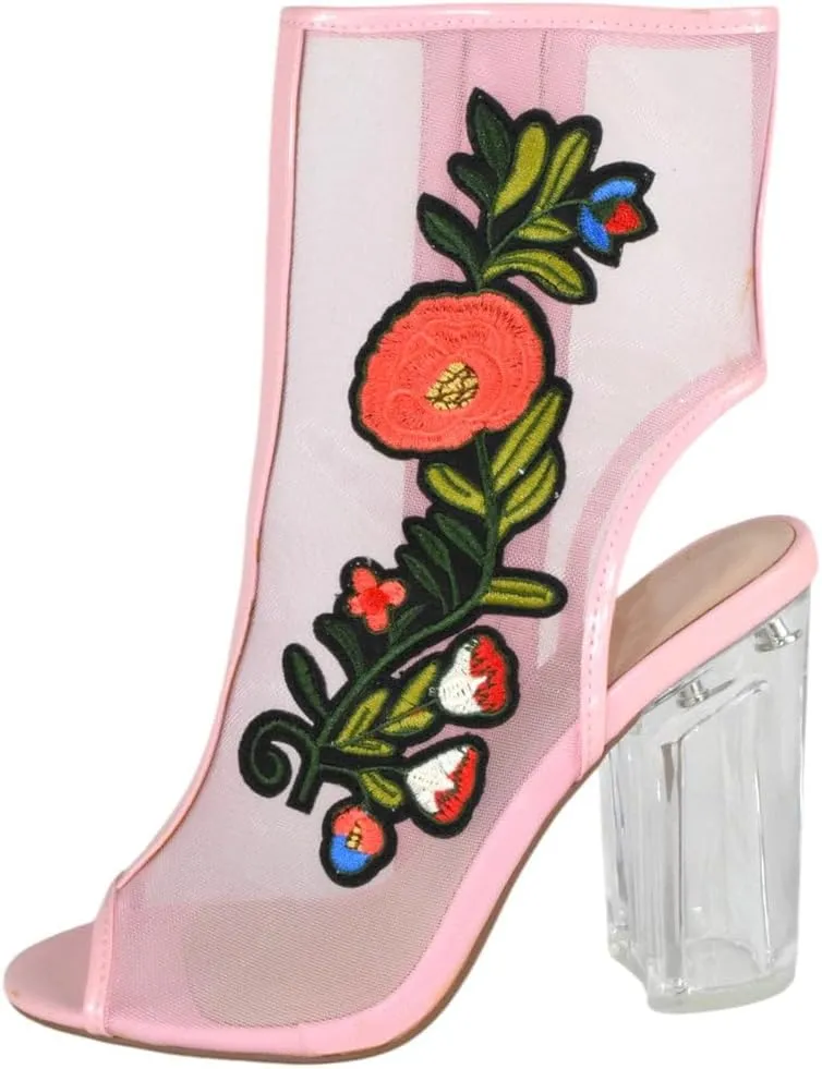 Women Shoes Open Toe Mesh Ankle Booties Embroidered Floral Block Clear High Heel Sandals Side Zipper YLANG Pink